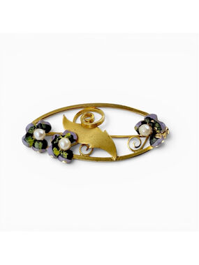 Vintage Art Nouveau Style Enamel Pansy & Seed Pearl Leaf Brooch 1930s